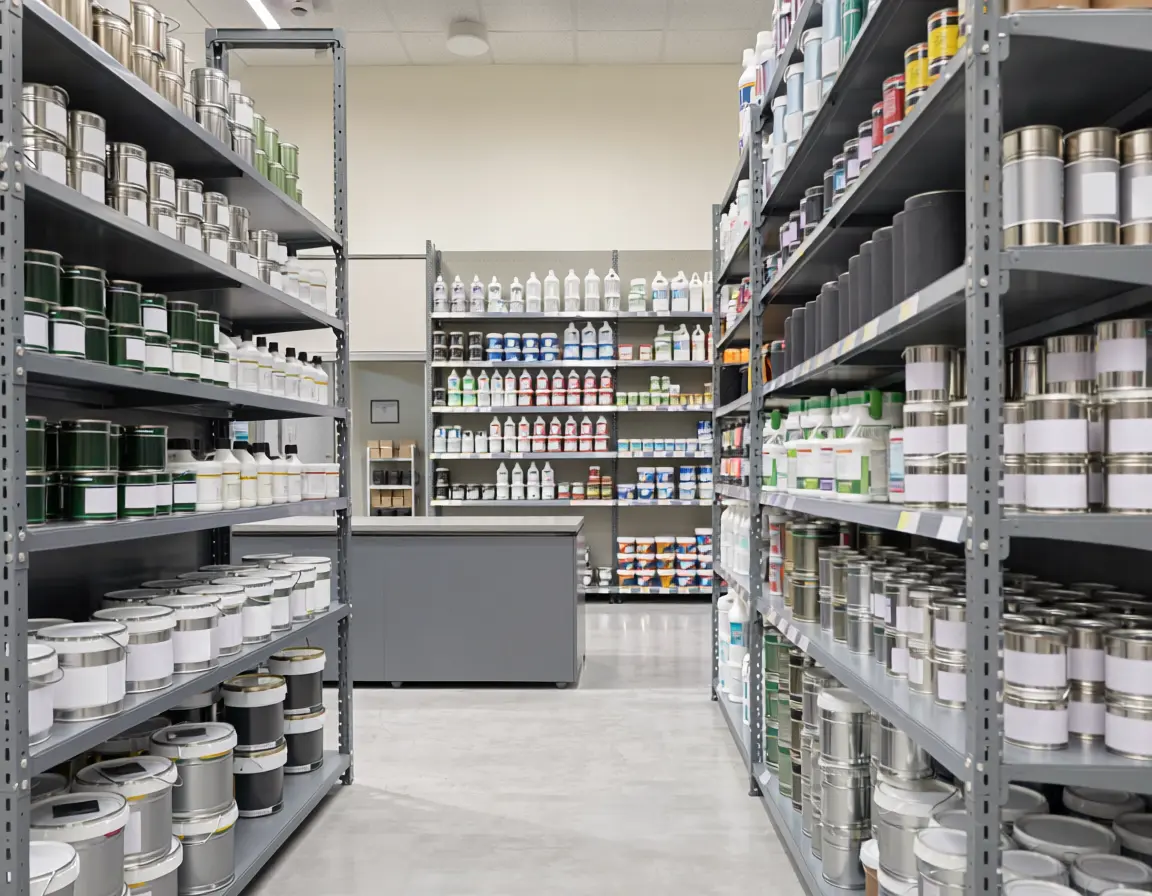 Aisles of professional automotive paint, primers and refinishing products on supply store shelves